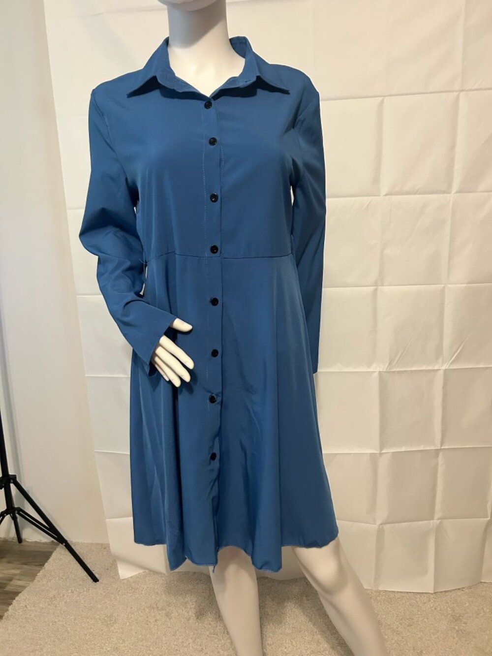 SHEIN Blue Button Front Shirt Dress 2XL Long Sleeve Stretch Polyester Midi Dress
